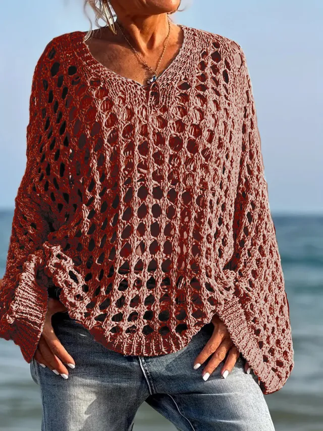 Loose Leisure All matching Hollow Long Sleeve Plus Size Women's Knitted Sweater Caramel Color 3Xl - Shop at LoveMi
