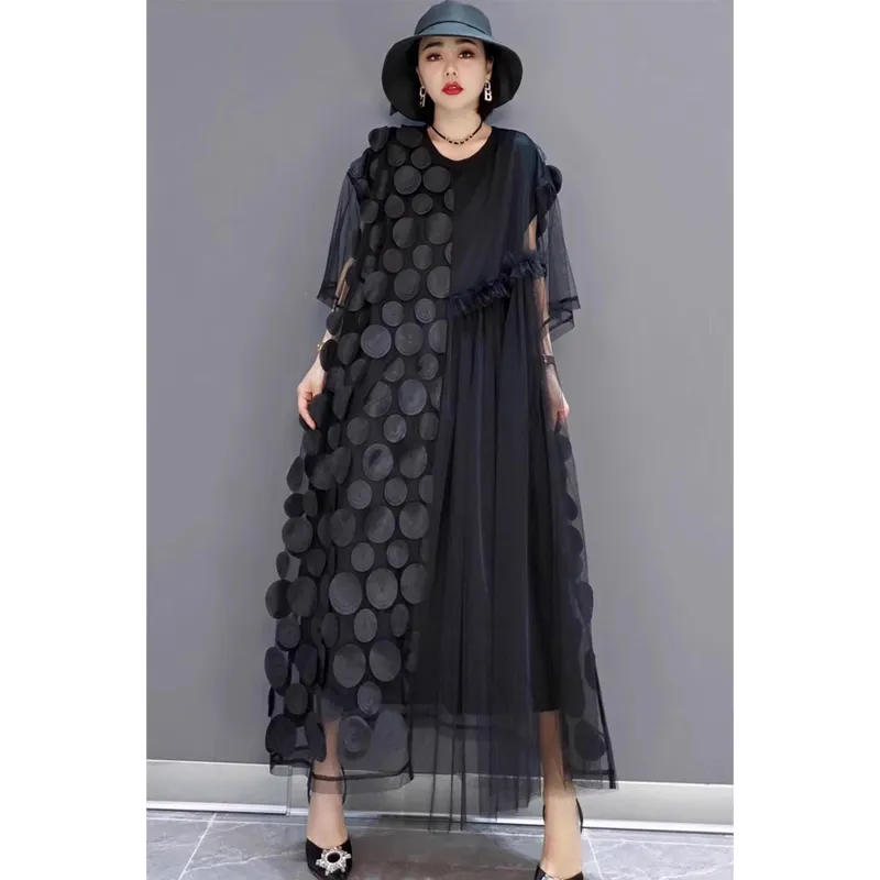 New Women's Loose Plus Size Floral Polka Dot Dress - Black