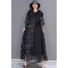 New Women's Loose Plus Size Floral Polka Dot Dress - Black - View 1