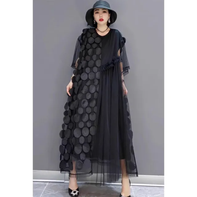 New Women's Loose Plus Size Floral Polka Dot Dress Black - Shop at LoveMi