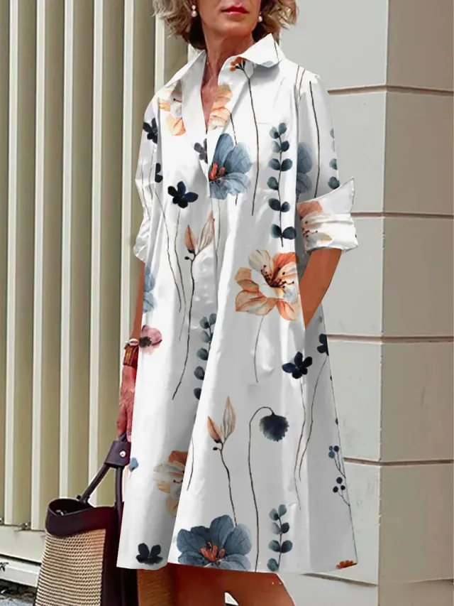 Women's Elegant Floral 3D Digital Printing Single Row Open Button Shirt Dress A9Sk8C20241411L - Shop at LoveMi