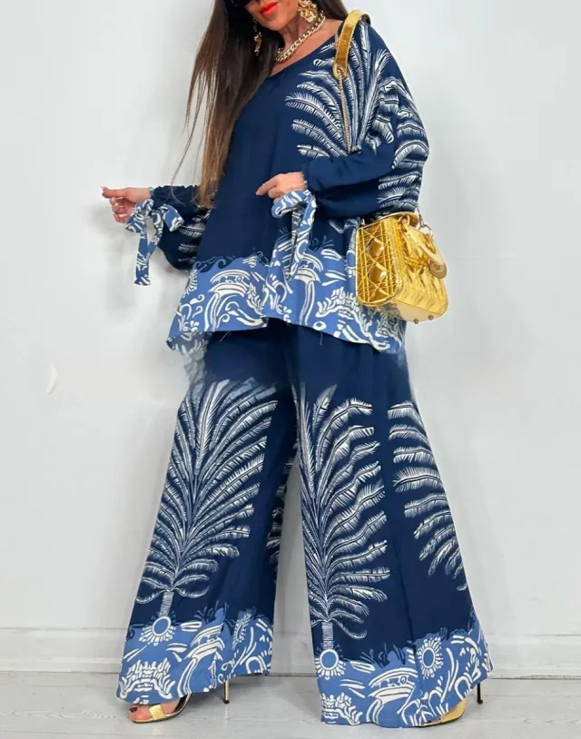 Vintage Floral Print Long Sleeves Top Wide Leg Pants Suit Blue - Shop at LoveMi