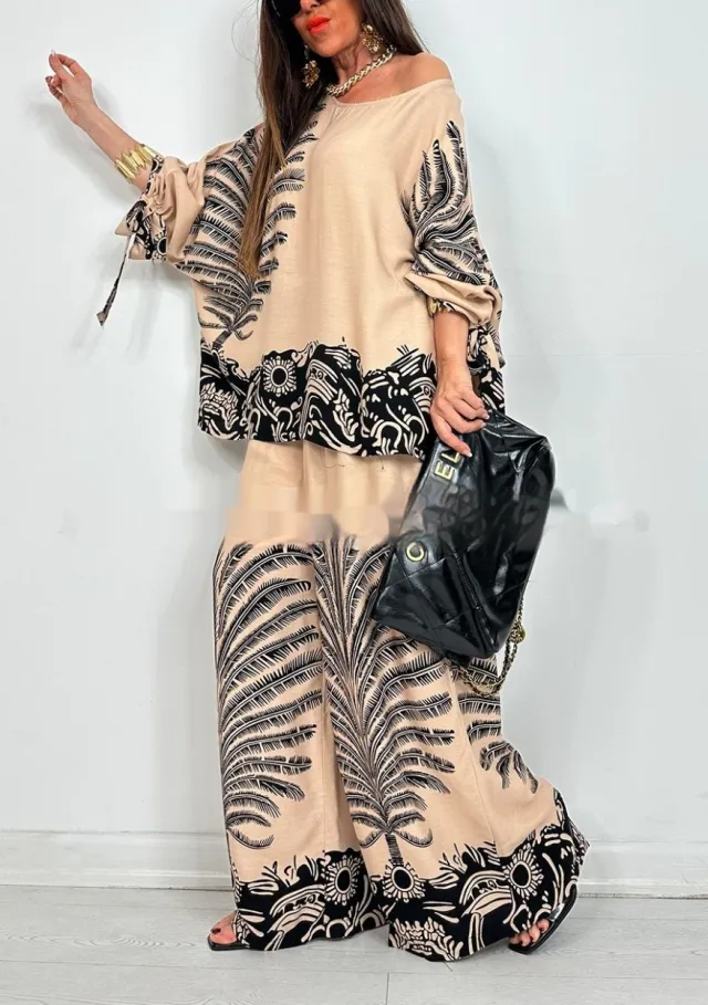 Vintage Floral Print Long Sleeves Top Wide Leg Pants Suit Khaki - Shop at LoveMi