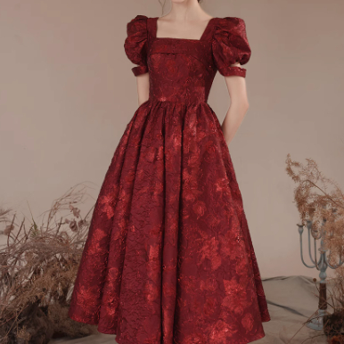 Marriage Engagement Dress Puff Sleeve Print Satin Dress