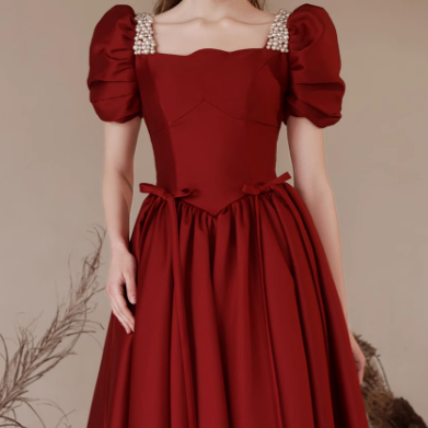 Red Satin Puff Sleeve Evening Gown