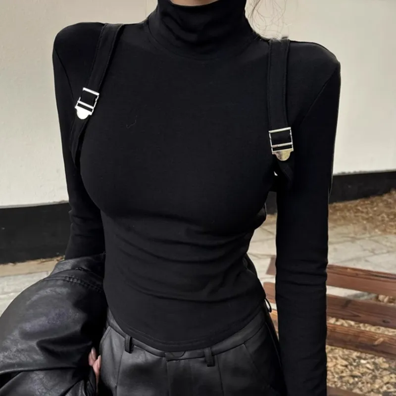 Turtleneck Long Sleeve T-shirt Women's Slim Bottoming Shirt - Black