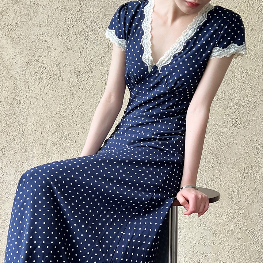 Lace Stitching Dress V-collar Polka Dot Waist-tight Long Skirt
