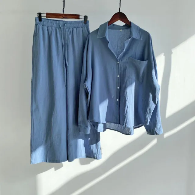 Cotton And Linen Shirt Outfit Waist Loose Trousers Blue - Shop at LoveMi