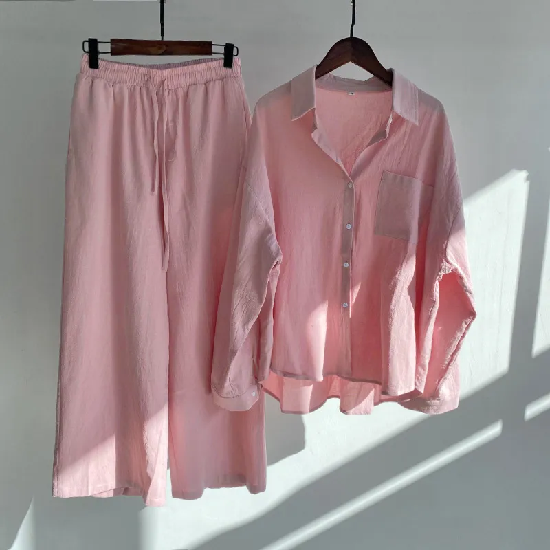 Cotton And Linen Shirt Outfit Waist Loose Trousers - Pink