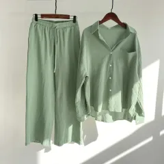 Cotton And Linen Shirt Outfit Waist Loose Trousers - Morandi Green - View 1