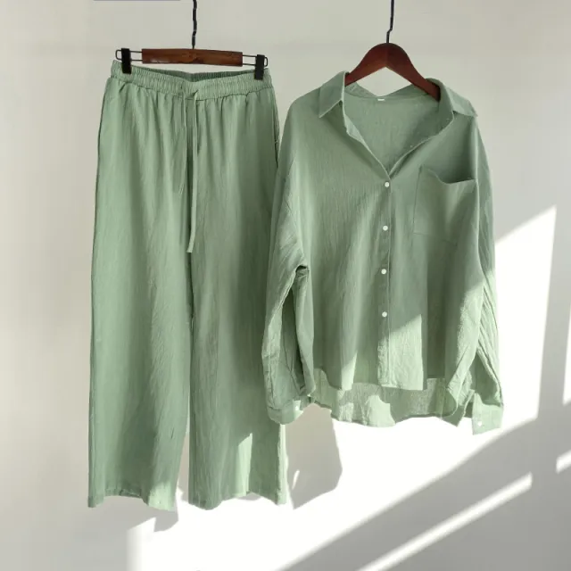 Cotton And Linen Shirt Outfit Waist Loose Trousers Morandi Green - Shop at LoveMi
