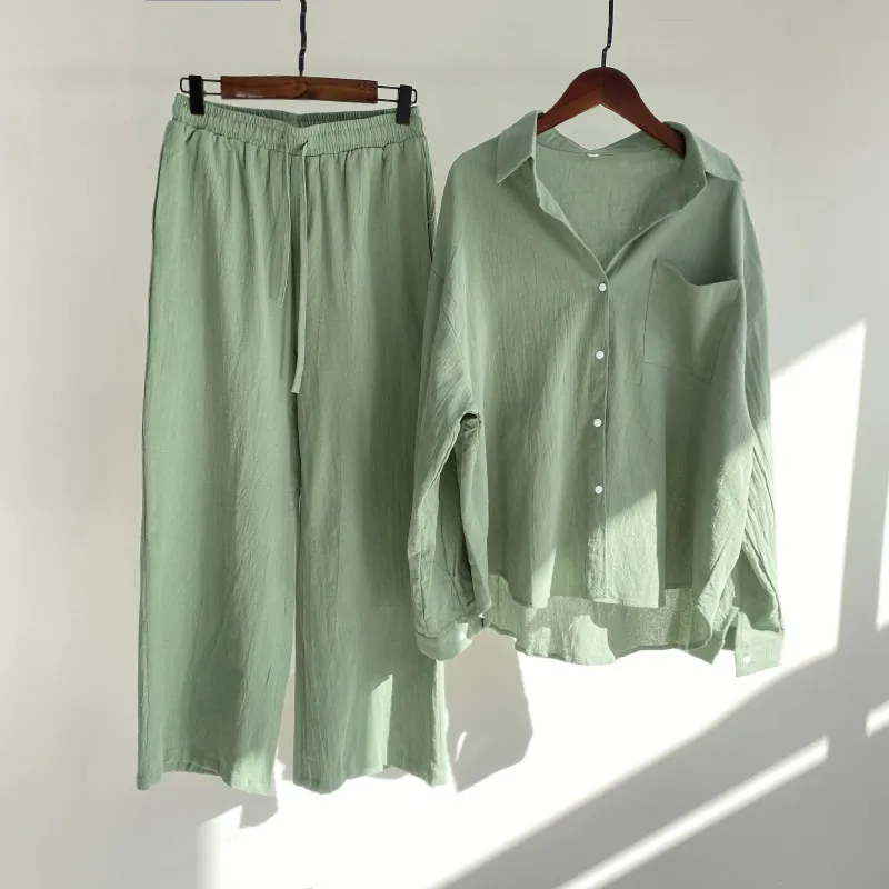 Cotton And Linen Shirt Outfit Waist Loose Trousers - Morandi Green