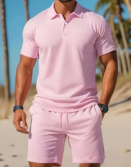 Men's Casual Beach Mesh Lapel Set Summer