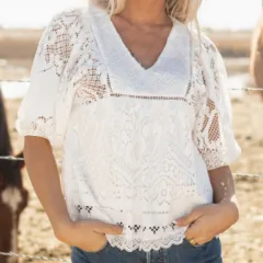 White Lace Crochet Hollowed Scallop Hem V Neck Blouse - White - View 1
