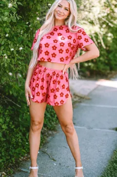 Rose Floral Print Crop Tee And Shorts Lounge Set - Rose - View 1