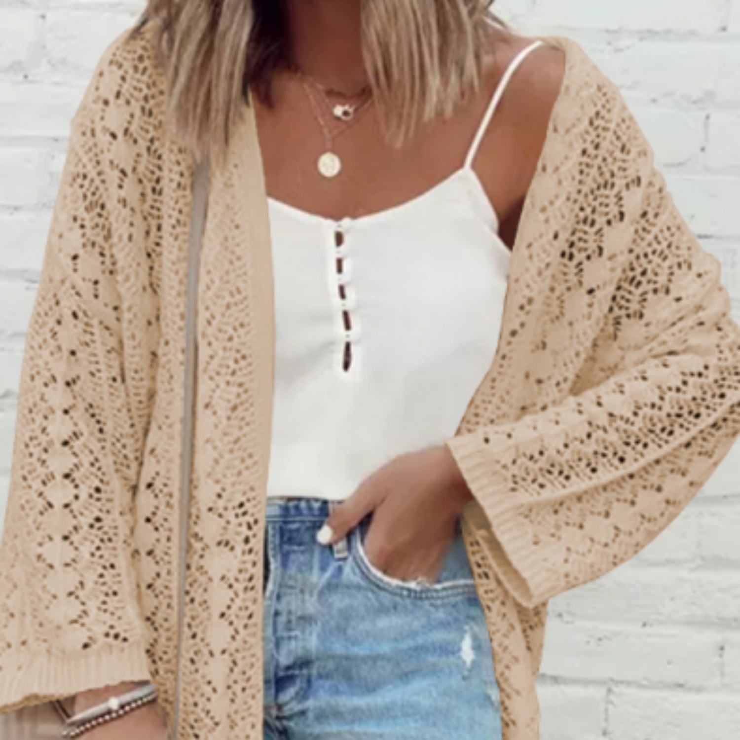 Apricot Hollow Out Knit Drop Shoulder Open Front Cardigan