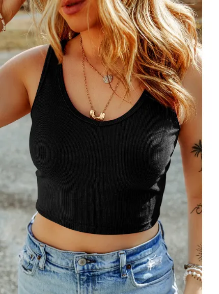 Apricot Ribbed Knit Sheath Sleeveless Crop Top Black - Shop at LoveMi