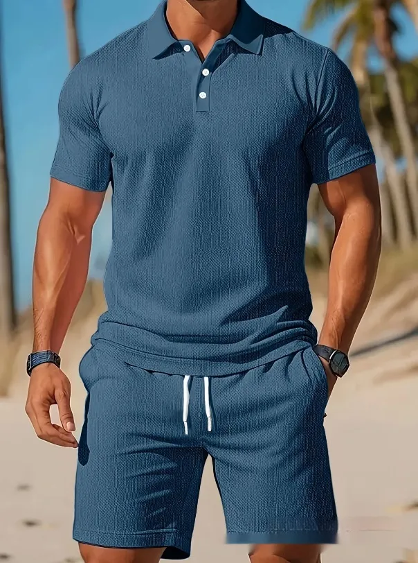 Men's Casual Beach Mesh Lapel Set Summer