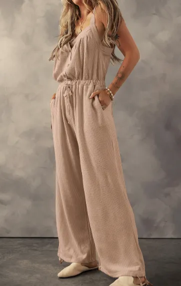 Pale Khaki Knotted Straps Button Textured Drawstring Jumpsuit Khaki - Shop at LoveMi