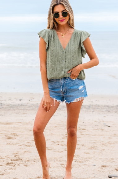 Laurel Green Flutter Sleeve Lace V Neck Shirt