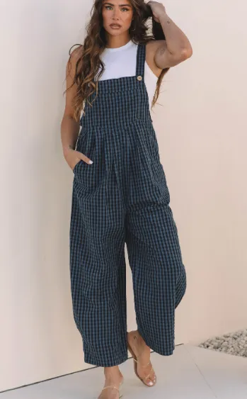 Sail Blue Plaid Print Buttoned Pocketed High Waist Overall Sail Blue - Shop at LoveMi