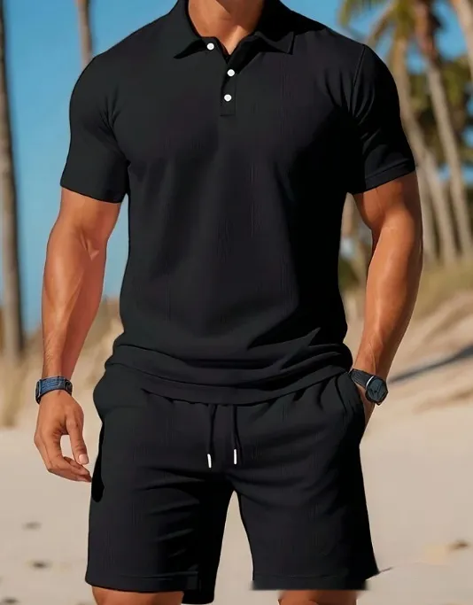 Men's Casual Beach Mesh Lapel Set Summer
