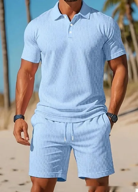 Men's Casual Beach Mesh Lapel Set Summer