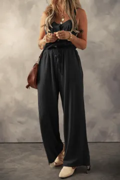 Pale Khaki Knotted Straps Button Textured Drawstring Jumpsuit - Black - View 1