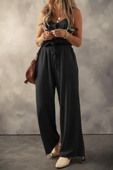 Pale Khaki Knotted Straps Button Textured Drawstring Jumpsuit Black - Shop at LoveMi