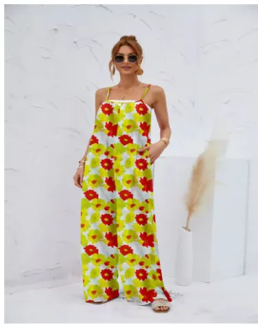 Women's Printed Suspender One piece Trousers Loose Yellow - Shop at LoveMi