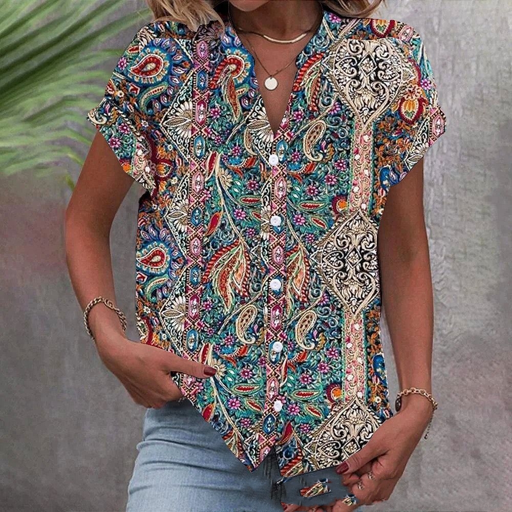 Retro Ethnic Style 3D Printing Home Leisure Short Sleeve V-neck Shirt