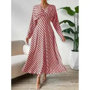 Geometric Printed V neck Long sleeved, Cinched waist Elegant Office Clothing Red - Shop at LoveMi
