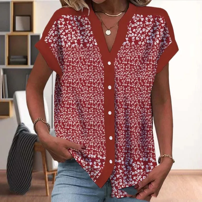 Retro Ethnic Style 3D Printing Home Leisure Short Sleeve V-neck Shirt - 1 Style-L