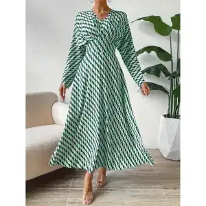 Geometric Printed V neck Long sleeved, Cinched waist Elegant Office Clothing Green - Shop at LoveMi