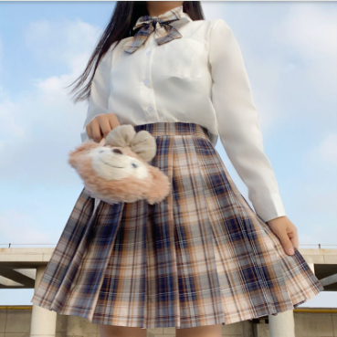 Japanese College Style Long Short Sleeved Pleated Skirt Little Bears Plaid Skirt - Shop at LoveMi