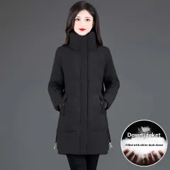 Loose Mid-length High Collar Warm Cotton Coat Jacket - Black - View 1