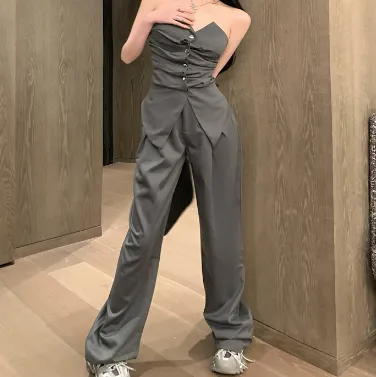 Suit Women's Pleated Tube Top Wide Leg Pants Top Wide Leg Pants Gray - Shop at LoveMi