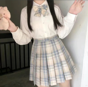 Japanese College Style Long Short Sleeved Pleated Skirt Lemon Sea Salt Plaid Skirt - Shop at LoveMi