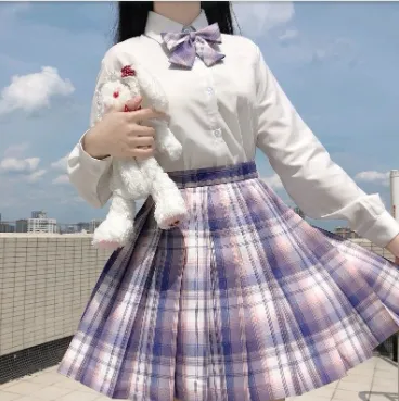 Japanese College Style Long Short Sleeved Pleated Skirt - Taro Mud Plaid Skirt