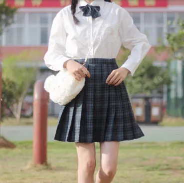 Japanese College Style Long Short Sleeved Pleated Skirt - Seaweed Plaid Skirt-Xs