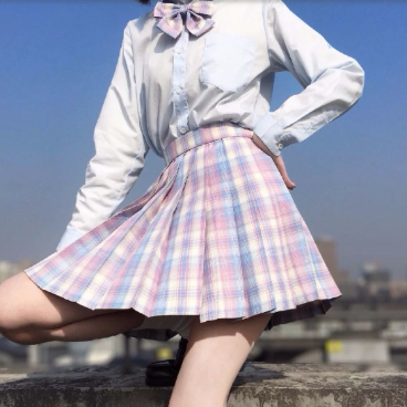 Japanese College Style Long Short Sleeved Pleated Skirt Glass Sugar Grid Skirt - Shop at LoveMi