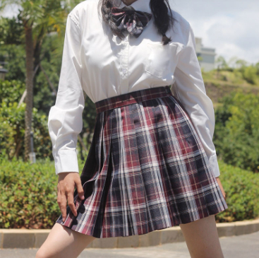 Japanese College Style Long Short Sleeved Pleated Skirt Linear Algebraic Lattice Skirt - Shop at LoveMi