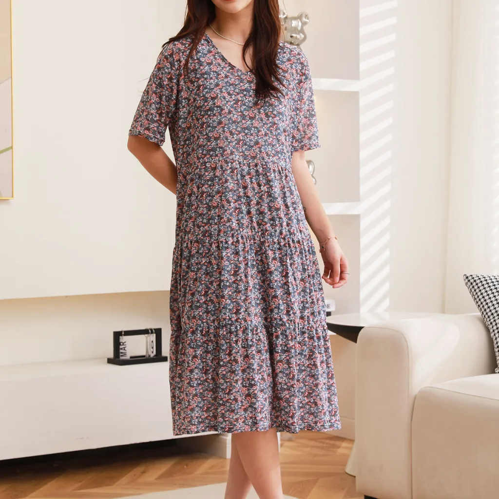 Comfortable Nightdress Women's Short Sleeve Floral Slimming Dress - Cake Dress 6