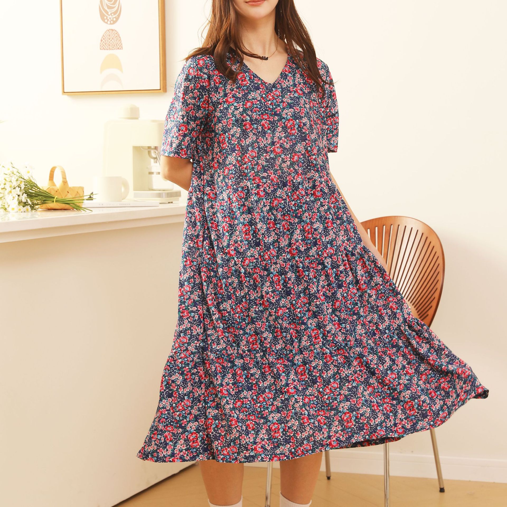 Comfortable Nightdress Women's Short Sleeve Floral Slimming Dress Cake Dress 4 - Shop at LoveMi