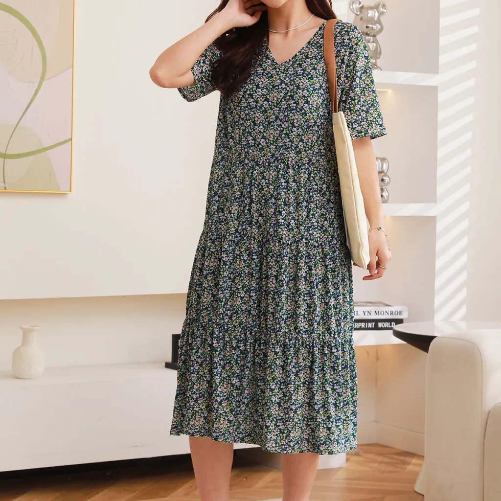 Comfortable Nightdress Women's Short Sleeve Floral Slimming Dress - Cake Dress 1