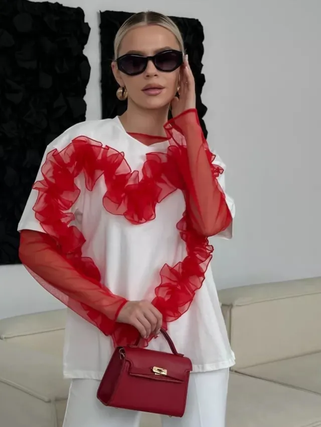 Heart Organza Pleated Patchwork Round Neck Loose fitting Pure Cotton Top White - Shop at LoveMi