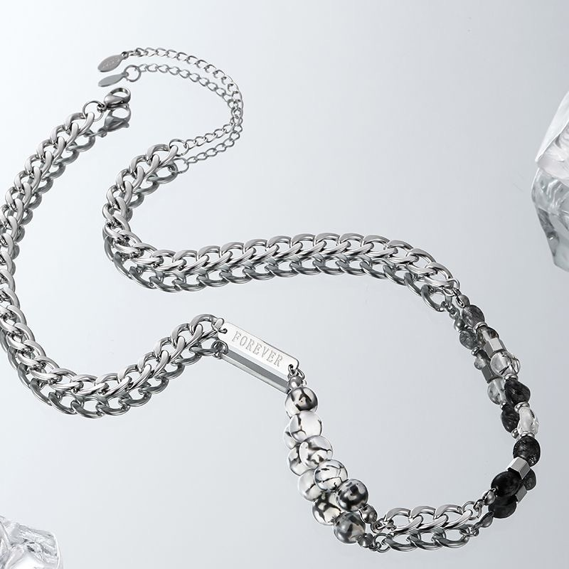 Natural Black And White Crystal Stitching Titanium Steel Necklace