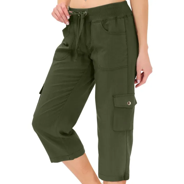 Women's Solid Color Drawstring Fitness Running Cropped Pants Army Green - Shop at LoveMi