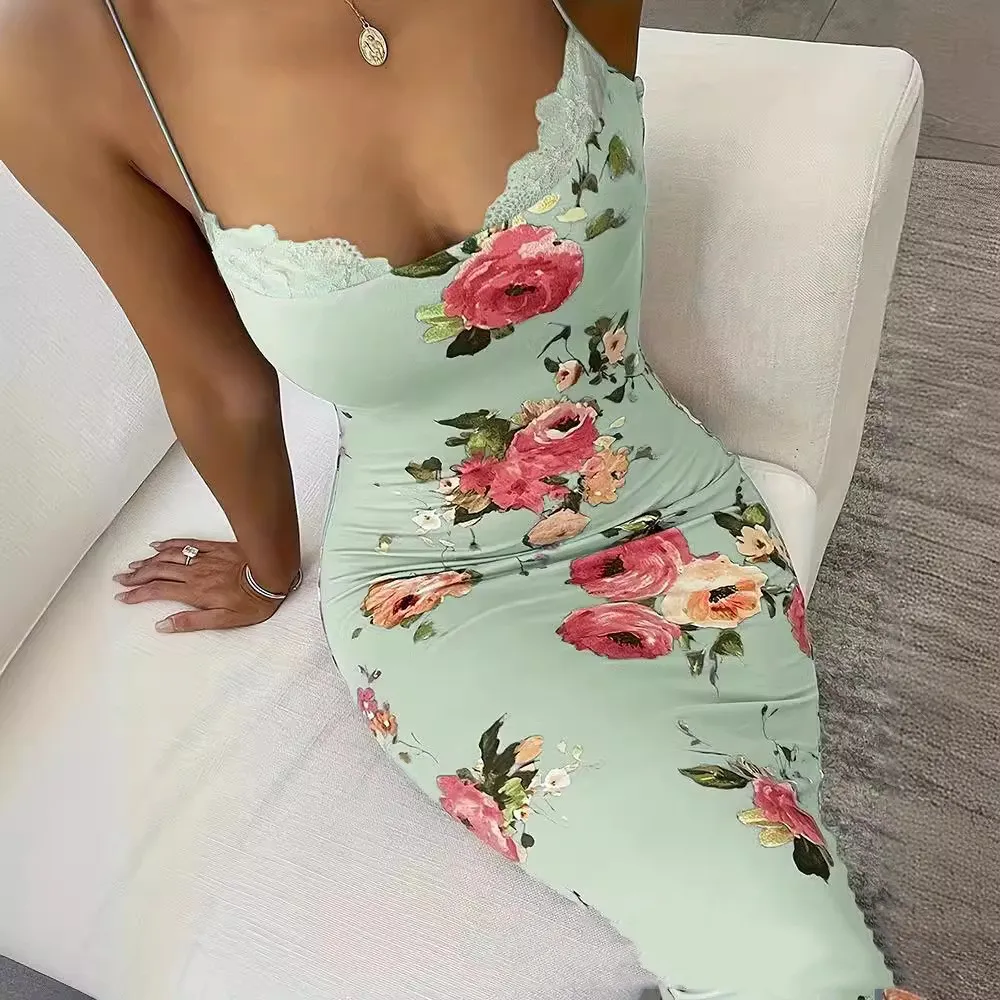 Floral Print Patchwork Lace Camisole Skirt - Green