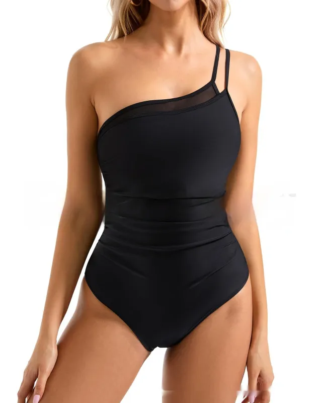 One Piece Sexy Bikini Mesh Hollow Solid Color Pleated Swimsuit For Women Black - Shop at LoveMi